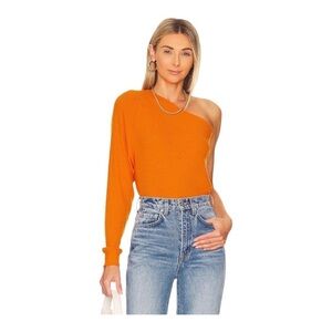 Enza Costa Orange Top One Shoulder Sweater Ribbed Knit Long Sleeve in Citrus